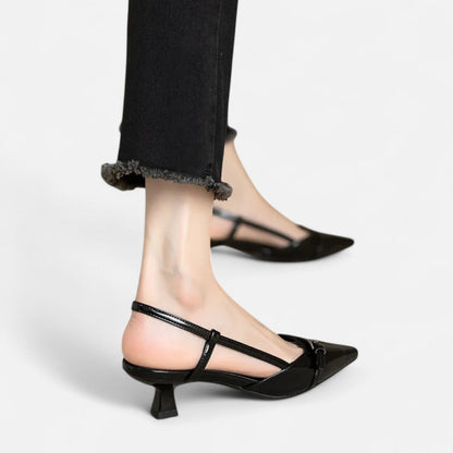 Masimon | Women’s Mid‑Heel White Slingback Sandals – Patent-Leather Elegance with Ankle Strap