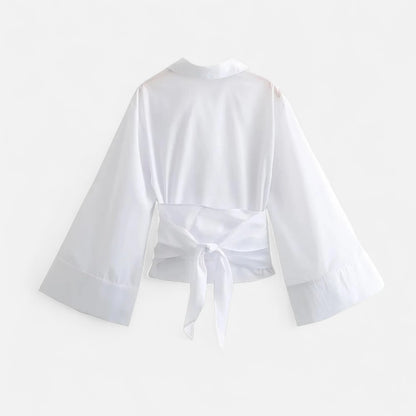 Masimon | Women’s Long‑Sleeve Kimono‑Style Blouse – Soft Breathable Fabric with Bow‑Tie Collar & Front Buttons