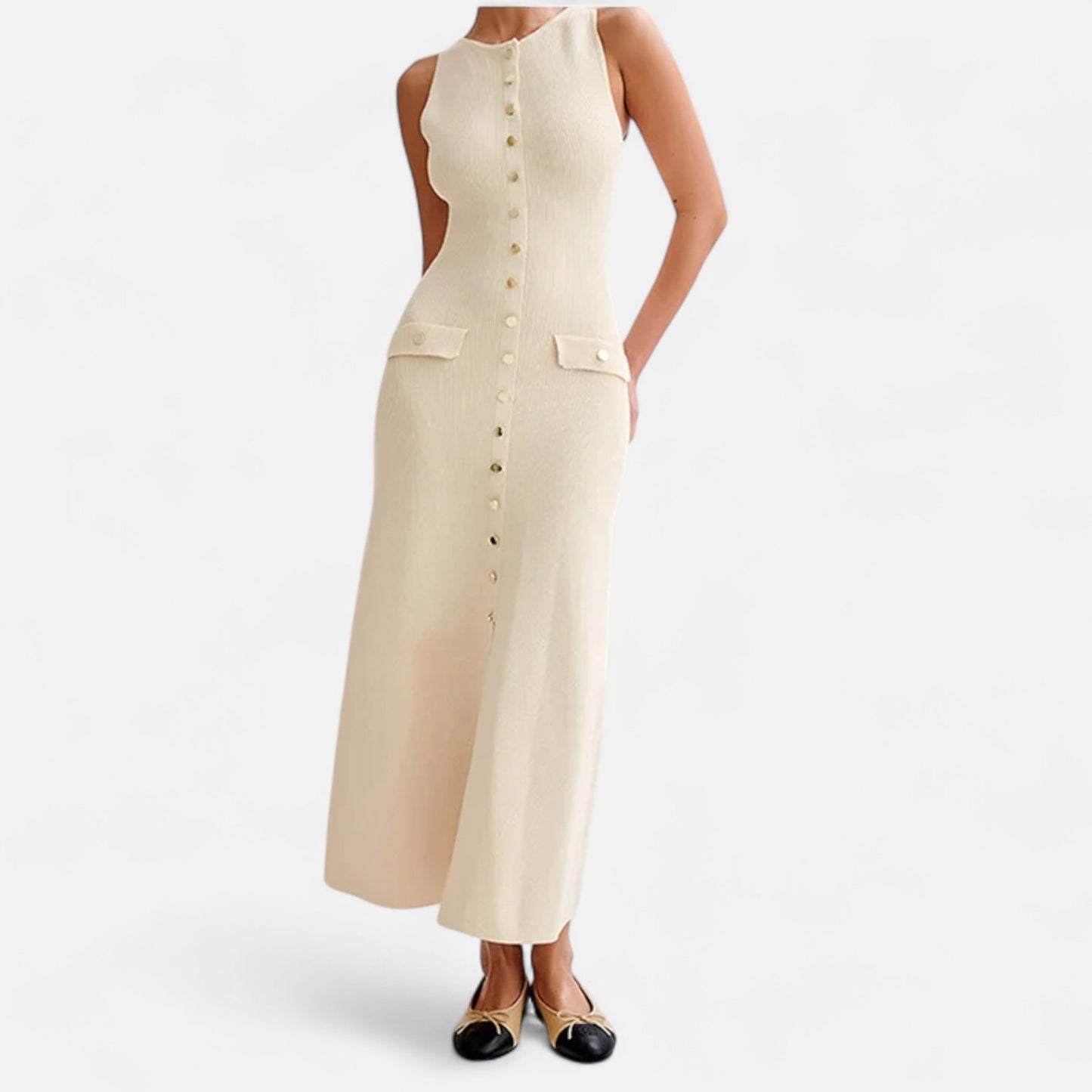 Masimon | Women’s Long Knitted Maxi Dress with Round Neck – Sleeveless Fine Knit with Faux Pockets