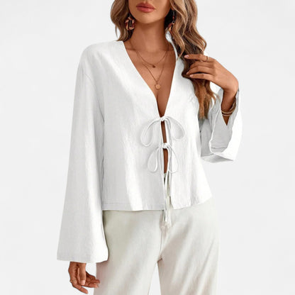 Masimon | Women’s Long‑Sleeve Bow‑Tie V‑Neck Blouse – Lightweight Breathable Fabric, Effortless Elegance