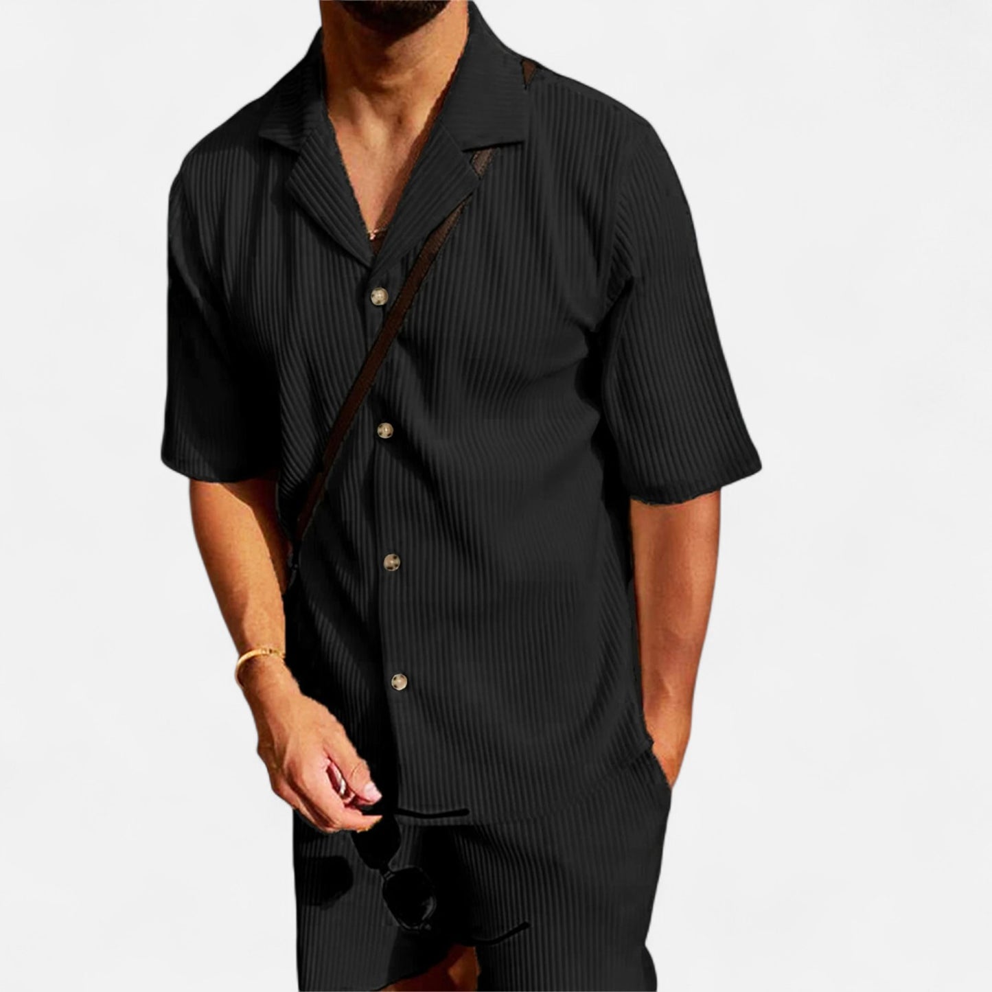 Masimon | Men’s Solid Corduroy Short‑Sleeve Shirt & Shorts Set – Stretch Casual Outfit