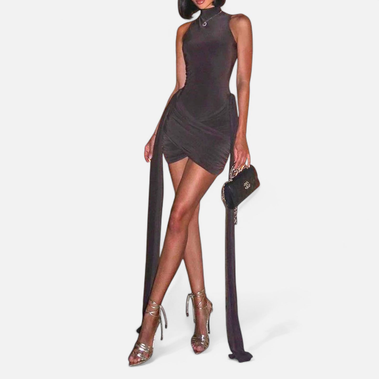 Masimon | Women's Mini-Sleeve Dress with High Neck – Elegant Ruched Design