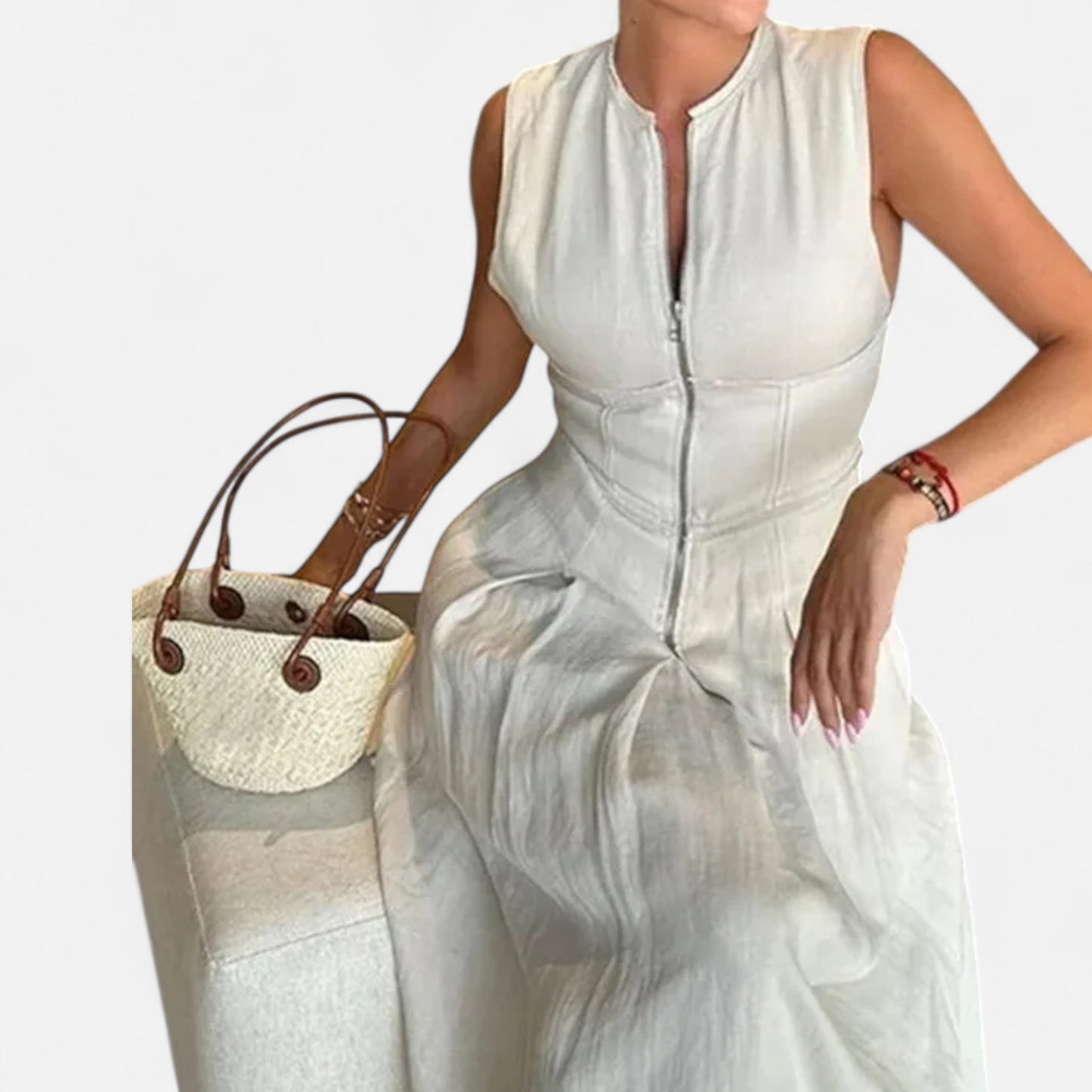 Masimon | Women’s Pleated Zipped Midi Dress – Sleeveless Bodycon Summer Party Dress