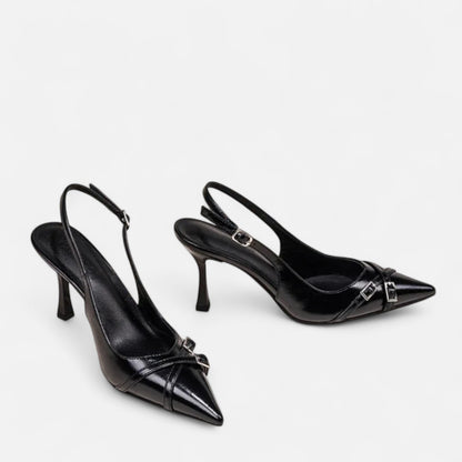 Masimon | Women’s Patent-Black Buckled Stilettos – Sleek High-Heel Elegance for Evening Affairs