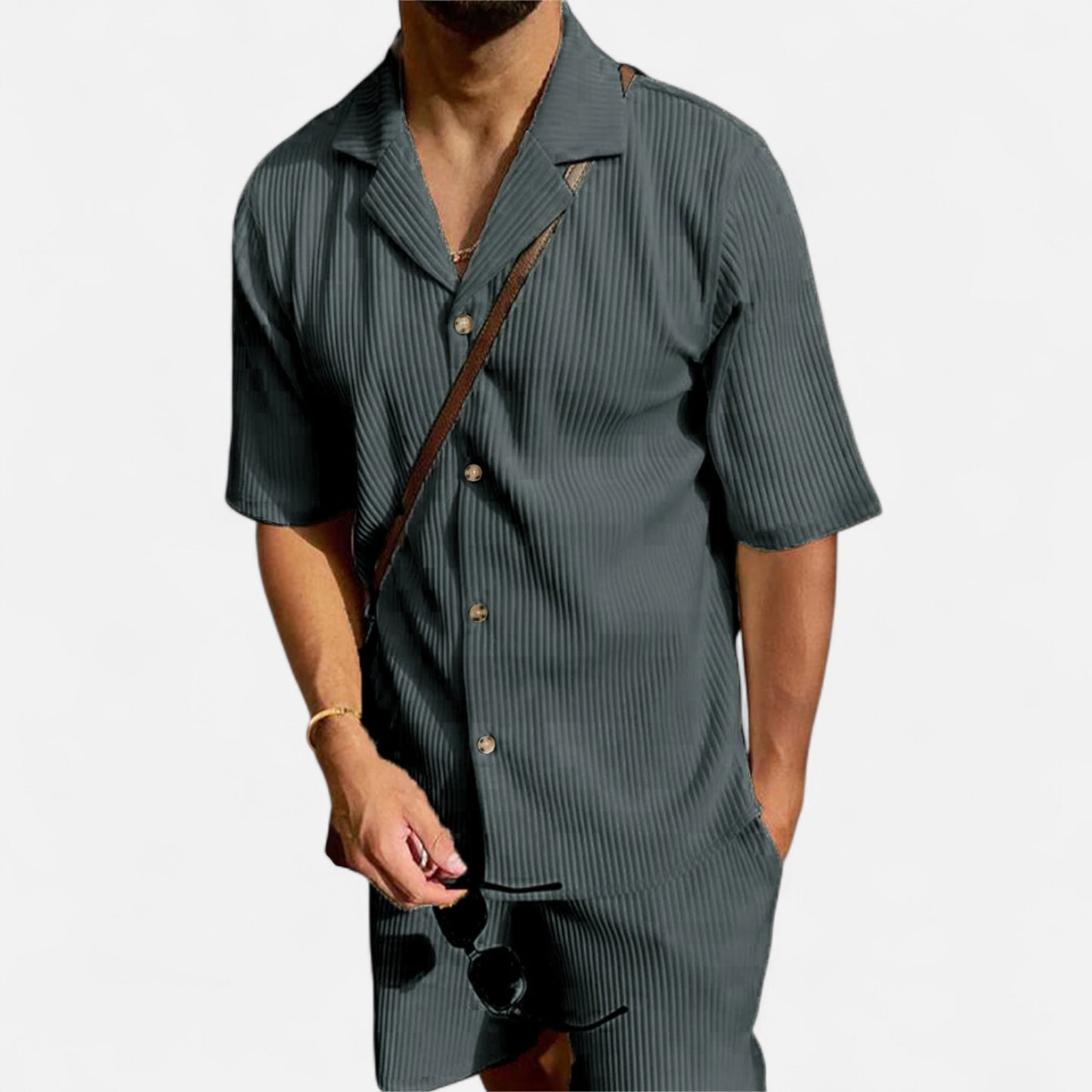 Masimon | Men’s Solid Corduroy Short‑Sleeve Shirt & Shorts Set – Stretch Casual Outfit