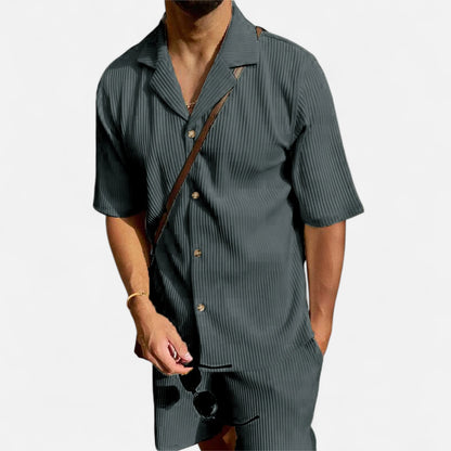 Masimon | Men’s Solid Corduroy Short‑Sleeve Shirt & Shorts Set – Stretch Casual Outfit