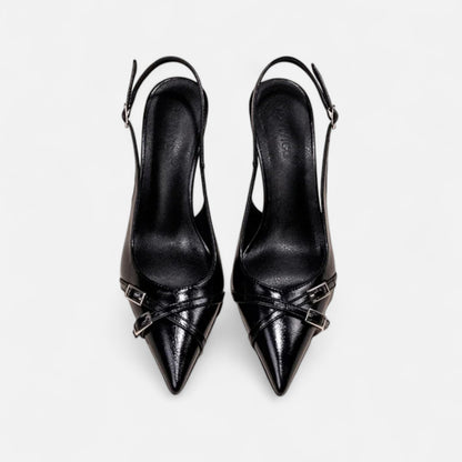 Masimon | Women’s Patent-Black Buckled Stilettos – Sleek High-Heel Elegance for Evening Affairs