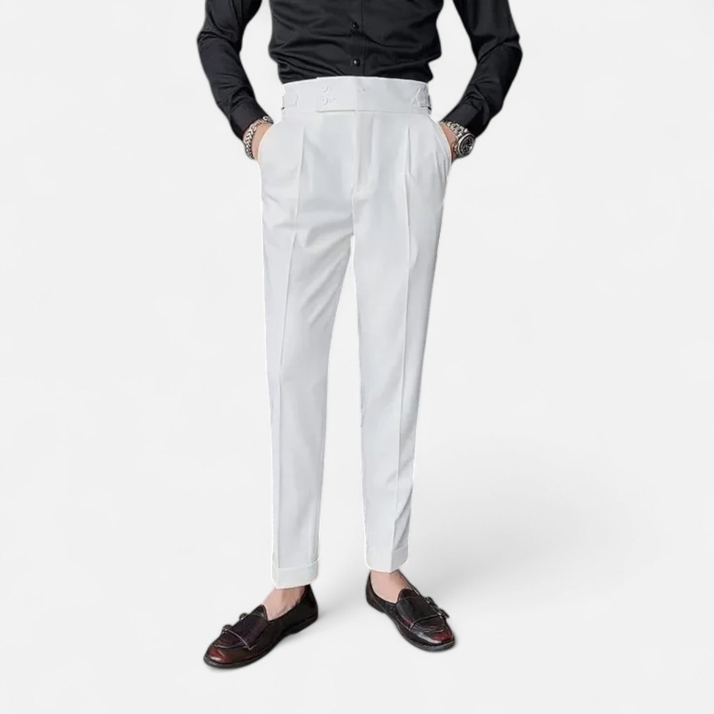 Masimon | Men’s Slim-Fit Single-Pleat Business Casual Trousers – Classic Parisian Style with Button Closure