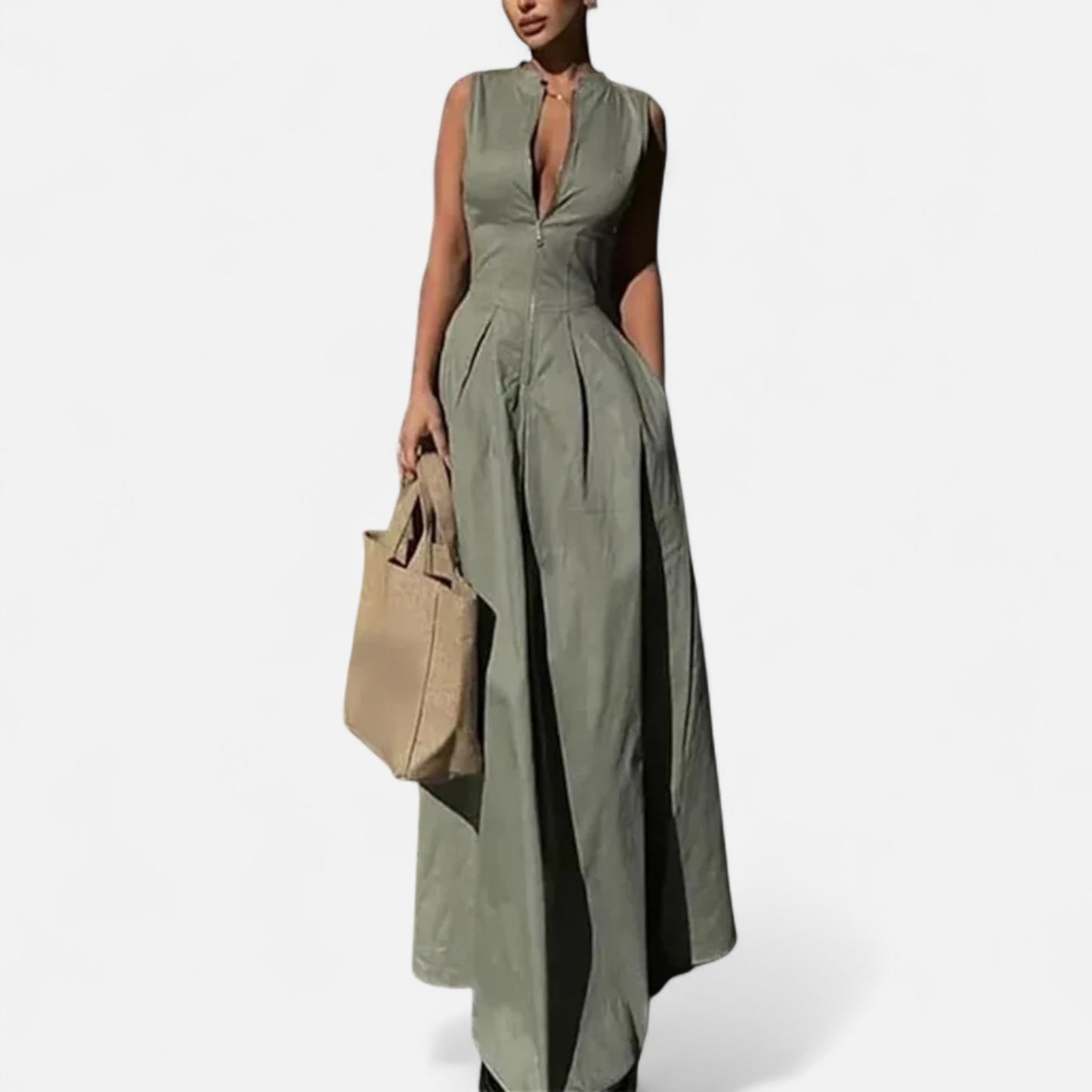 Masimon | Women’s Pleated Zipped Midi Dress – Sleeveless Bodycon Summer Party Dress