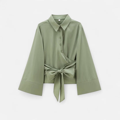 Masimon | Women’s Long‑Sleeve Kimono‑Style Blouse – Soft Breathable Fabric with Bow‑Tie Collar & Front Buttons