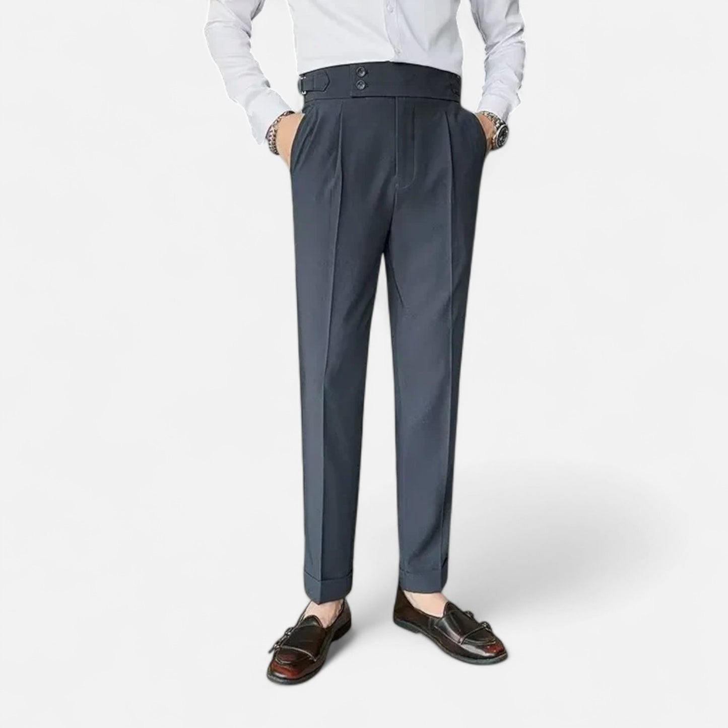Masimon | Men’s Slim-Fit Single-Pleat Business Casual Trousers – Classic Parisian Style with Button Closure