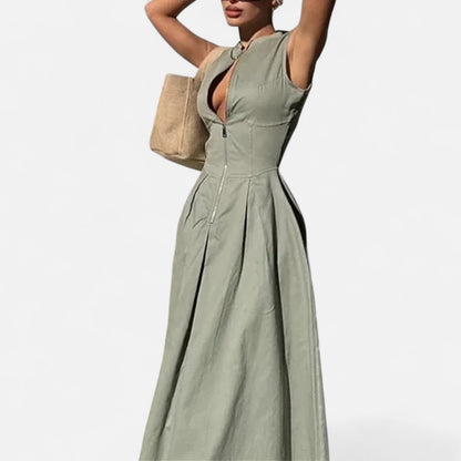 Masimon | Women’s Pleated Zipped Midi Dress – Sleeveless Bodycon Summer Party Dress