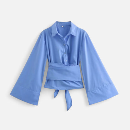 Masimon | Women’s Long‑Sleeve Kimono‑Style Blouse – Soft Breathable Fabric with Bow‑Tie Collar & Front Buttons