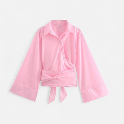 Masimon | Women’s Long‑Sleeve Kimono‑Style Blouse – Soft Breathable Fabric with Bow‑Tie Collar & Front Buttons