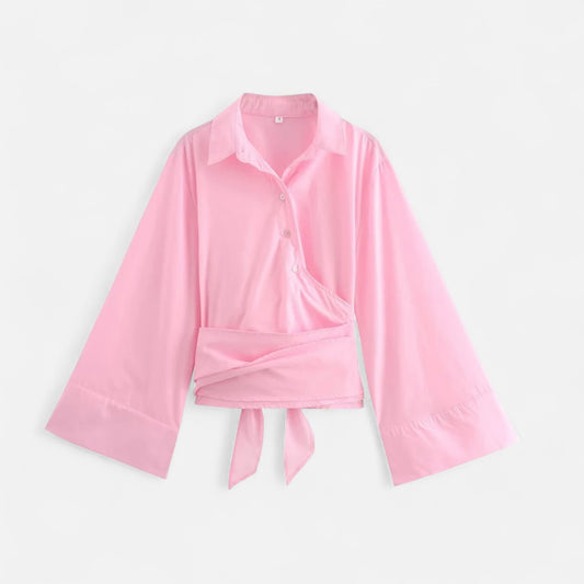 Masimon | Women’s Long‑Sleeve Kimono‑Style Blouse – Soft Breathable Fabric with Bow‑Tie Collar & Front Buttons