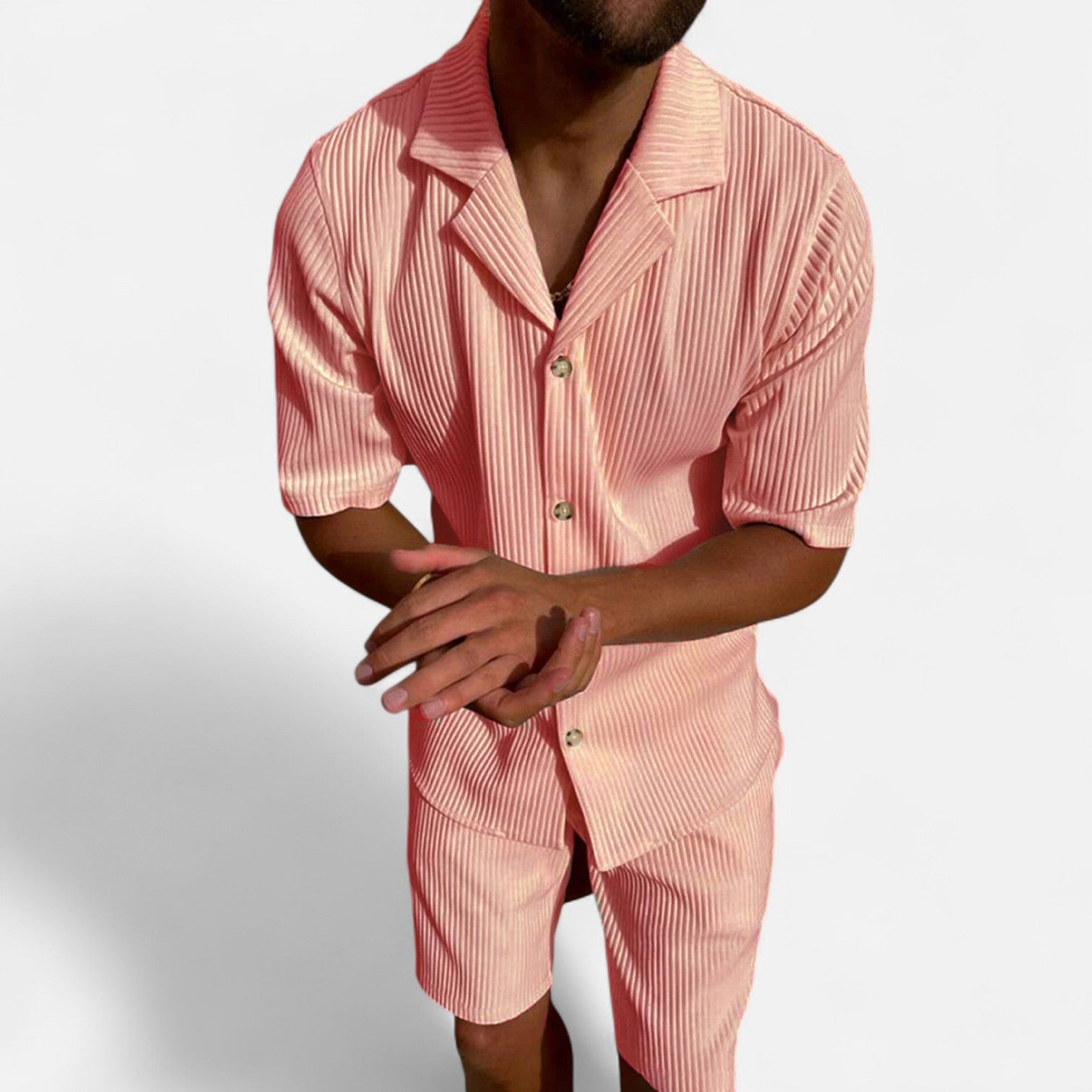 Masimon | Men’s Solid Corduroy Short‑Sleeve Shirt & Shorts Set – Stretch Casual Outfit