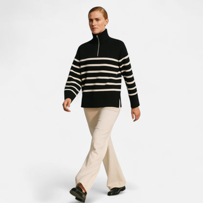 Masimon | Women’s Zip-Up Sweater – Vintage Stripe Elegance