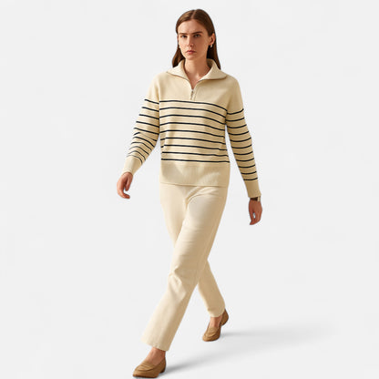 Masimon | Women’s Zip-Up Sweater – Vintage Stripe Elegance