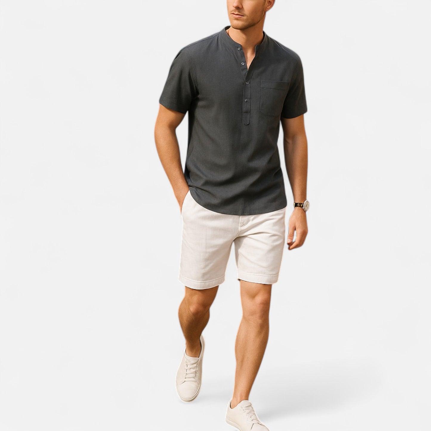 Masimon | Men’s Cotton‑Linen Henley Short‑Sleeve Shirt – Breathable Beachwear with Chest Pocket