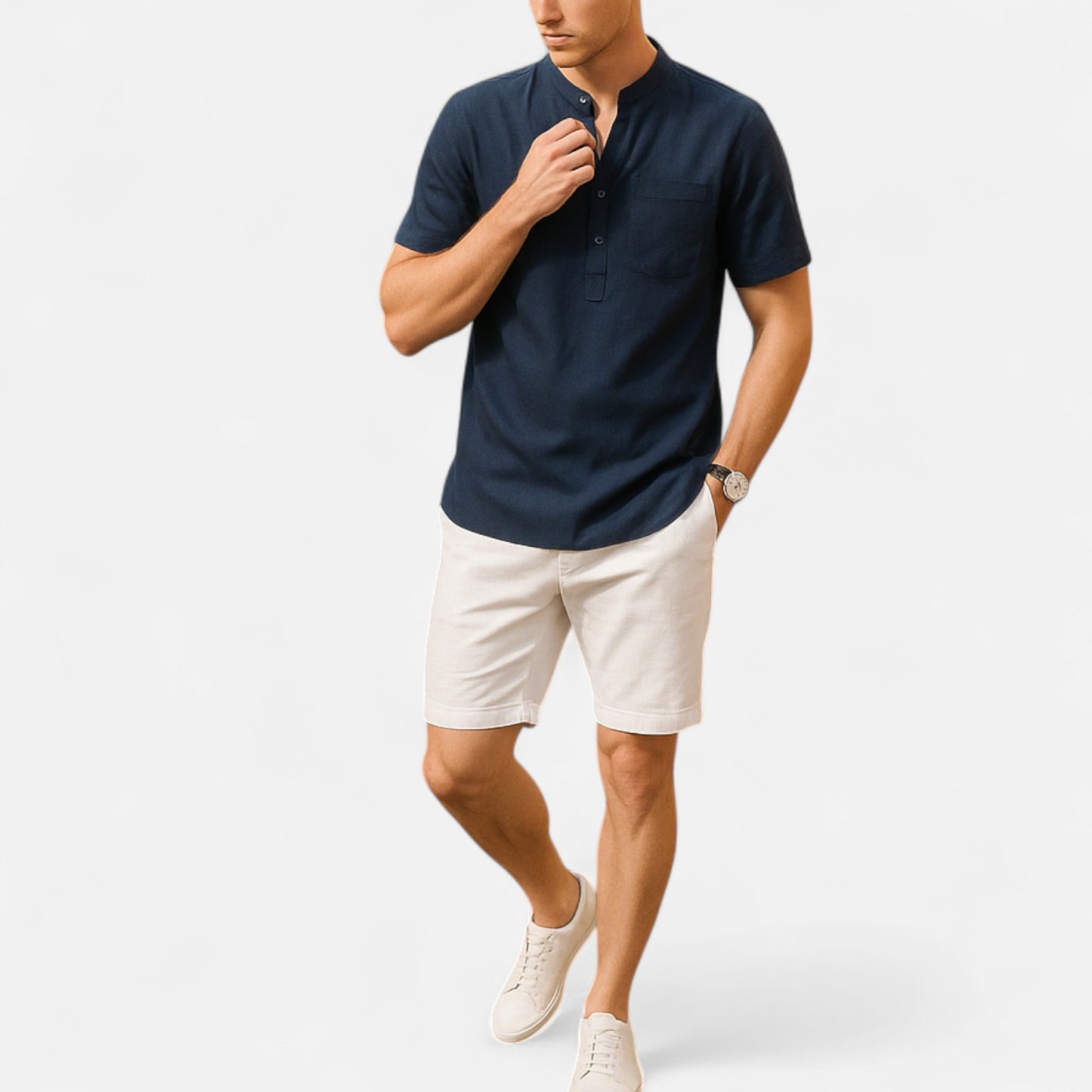 Masimon | Men’s Cotton‑Linen Henley Short‑Sleeve Shirt – Breathable Beachwear with Chest Pocket
