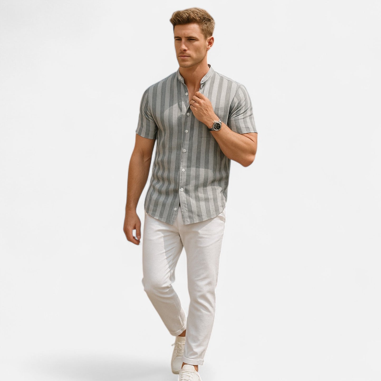 Masimon | Men’s Cotton-Linen Hawaiian Henley Shirt – Striped Graphic Short-Sleeve Beachwear