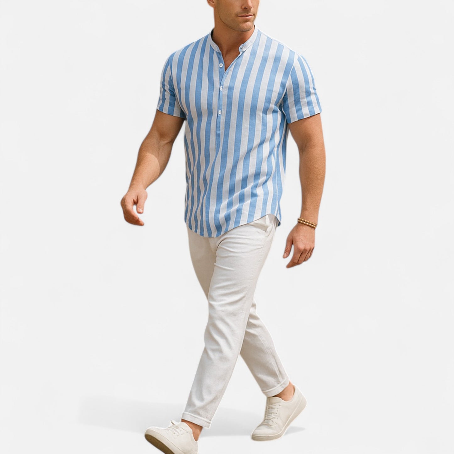 Masimon | Men’s Cotton-Linen Hawaiian Henley Shirt – Striped Graphic Short-Sleeve Beachwear