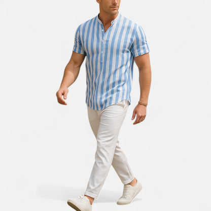 Masimon | Men’s Cotton-Linen Hawaiian Henley Shirt – Striped Graphic Short-Sleeve Beachwear