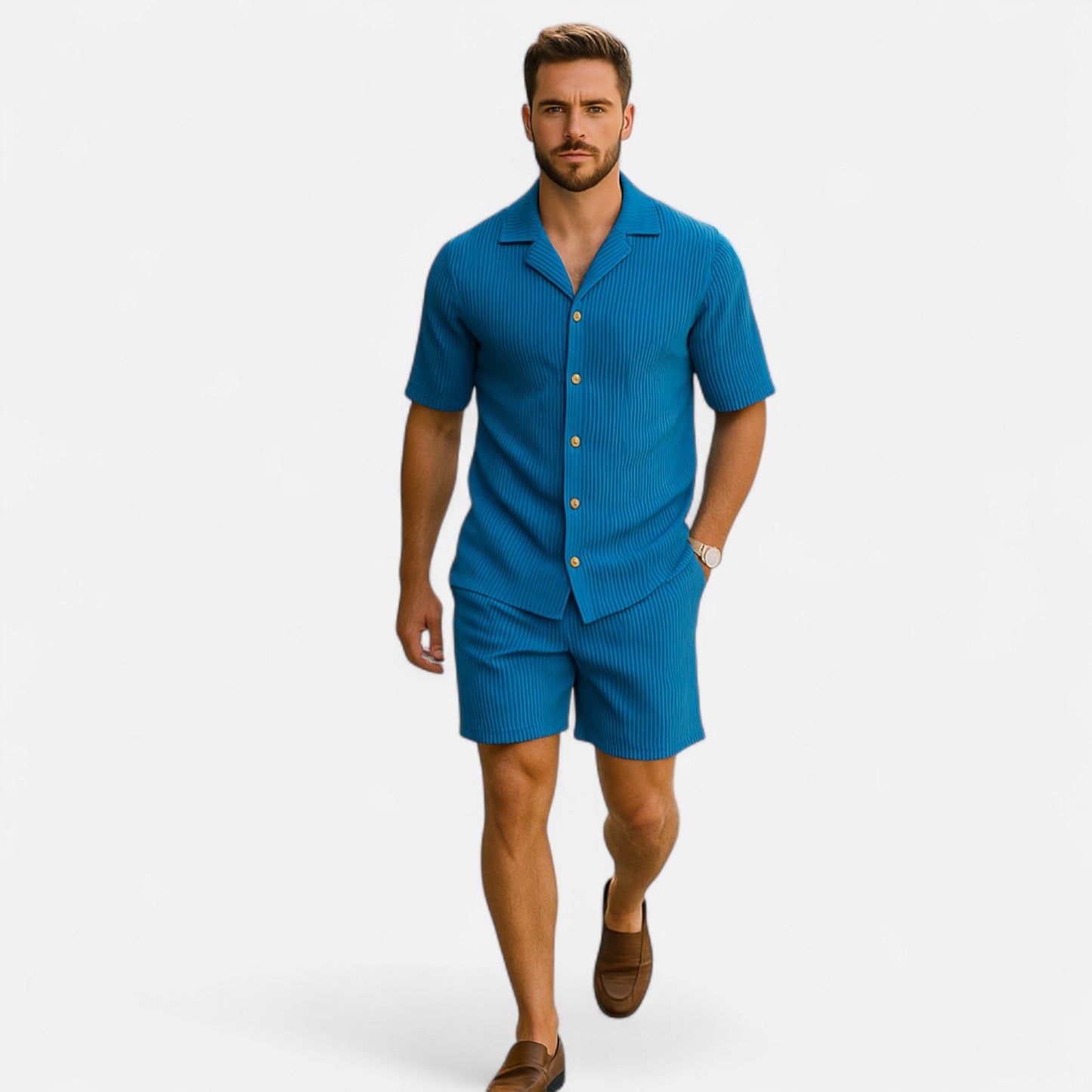 Masimon | Men’s Solid Corduroy Short‑Sleeve Shirt & Shorts Set – Stretch Casual Outfit