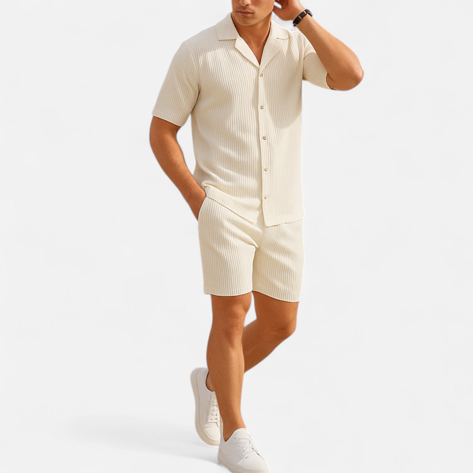 Masimon | Men’s Solid Corduroy Short‑Sleeve Shirt & Shorts Set – Stretch Casual Outfit