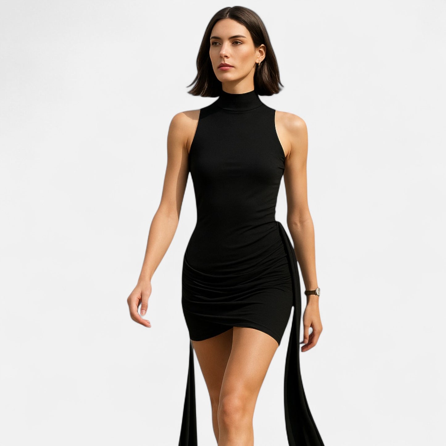 Masimon | Women's Mini-Sleeve Dress with High Neck – Elegant Ruched Design