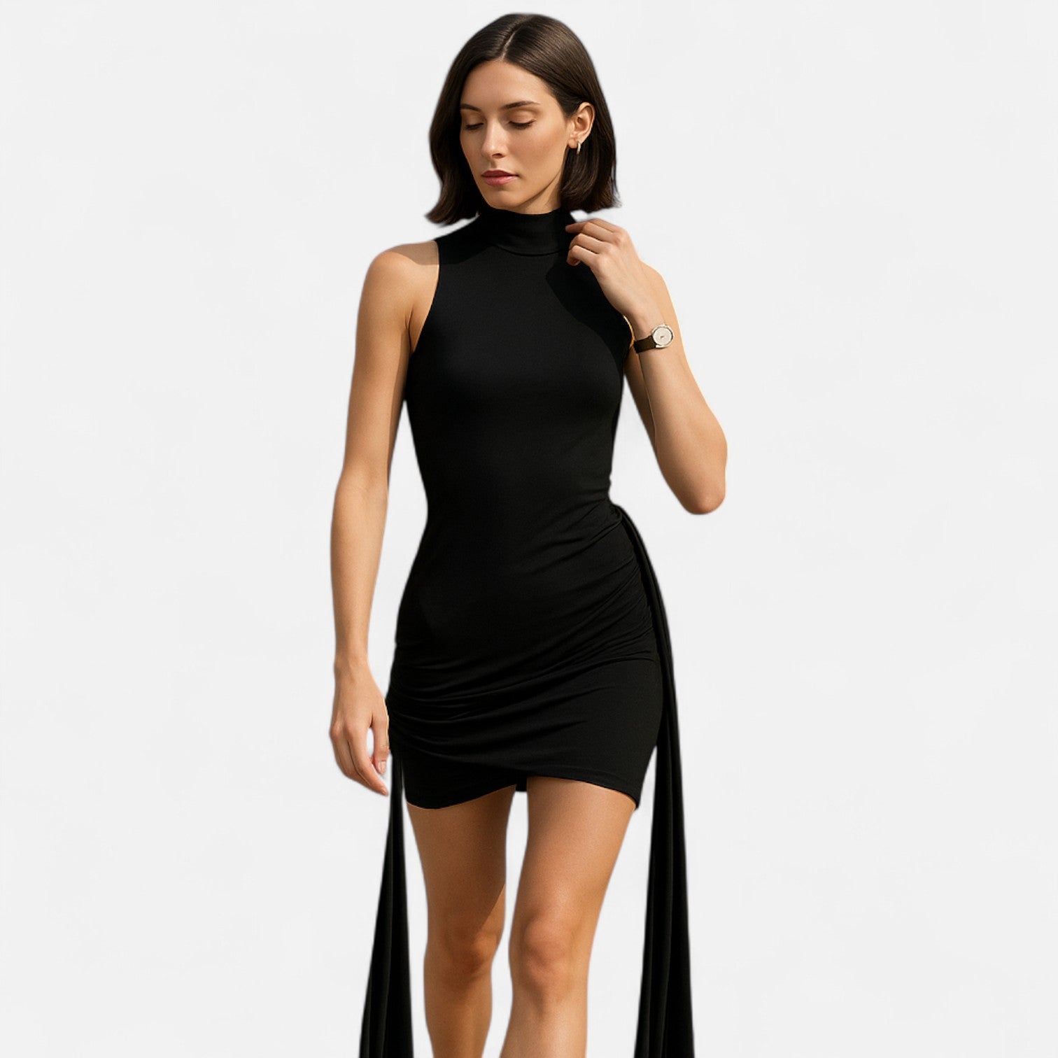 Masimon | Women's Mini-Sleeve Dress with High Neck – Elegant Ruched Design