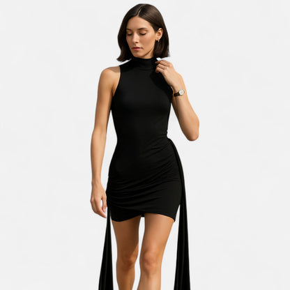 Masimon | Women's Mini-Sleeve Dress with High Neck – Elegant Ruched Design