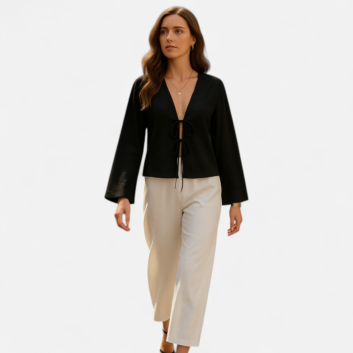 Masimon | Women’s Long‑Sleeve Bow‑Tie V‑Neck Blouse – Lightweight Breathable Fabric, Effortless Elegance