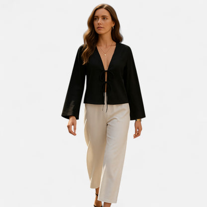 Masimon | Women’s Long‑Sleeve Bow‑Tie V‑Neck Blouse – Lightweight Breathable Fabric, Effortless Elegance