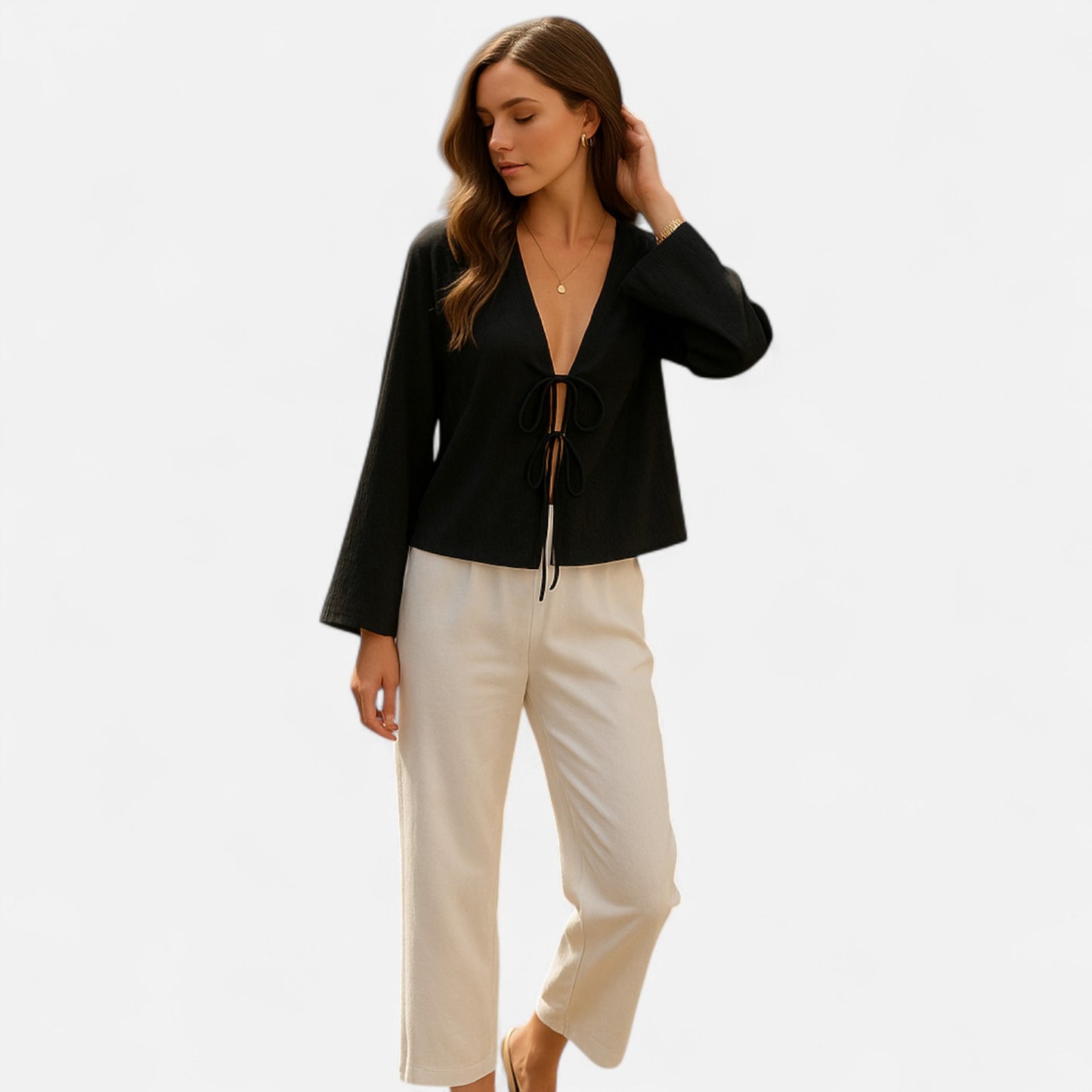 Masimon | Women’s Long‑Sleeve Bow‑Tie V‑Neck Blouse – Lightweight Breathable Fabric, Effortless Elegance