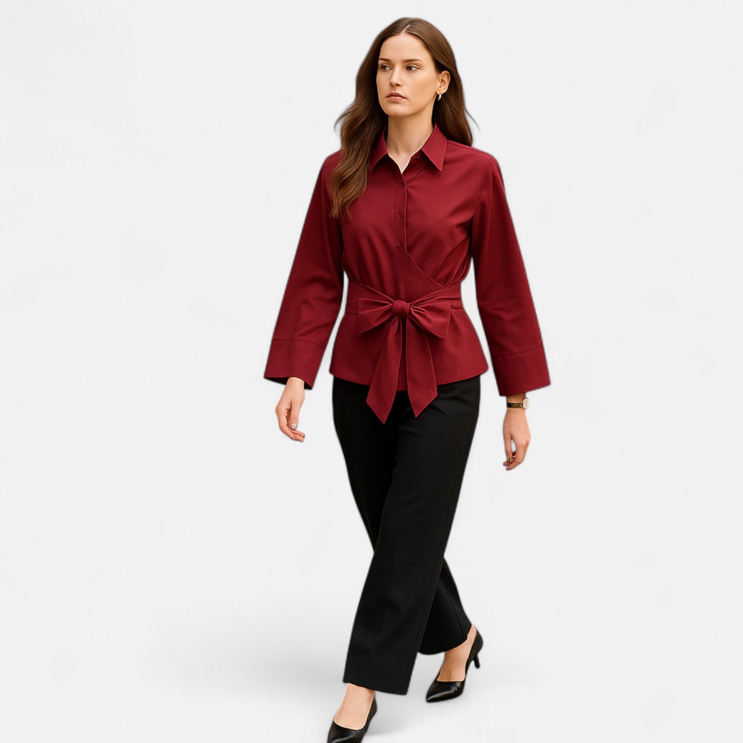 Masimon | Women’s Long‑Sleeve Kimono‑Style Blouse – Soft Breathable Fabric with Bow‑Tie Collar & Front Buttons
