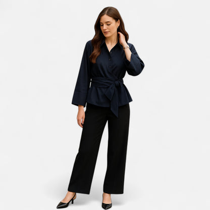 Masimon | Women’s Long‑Sleeve Kimono‑Style Blouse – Soft Breathable Fabric with Bow‑Tie Collar & Front Buttons