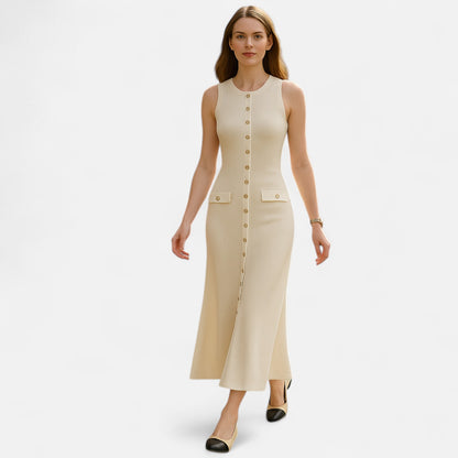 Masimon | Women’s Long Knitted Maxi Dress with Round Neck – Sleeveless Fine Knit with Faux Pockets