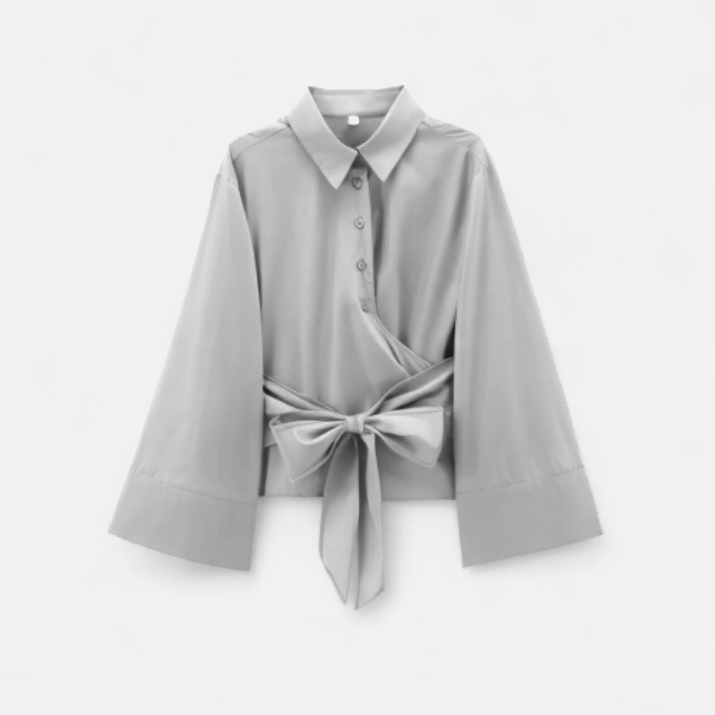 Masimon | Women’s Long‑Sleeve Kimono‑Style Blouse – Soft Breathable Fabric with Bow‑Tie Collar & Front Buttons