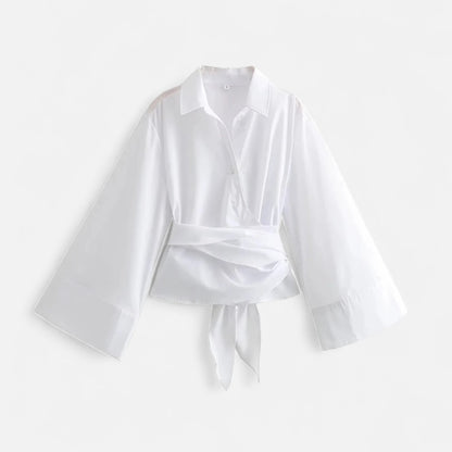 Masimon | Women’s Long‑Sleeve Kimono‑Style Blouse – Soft Breathable Fabric with Bow‑Tie Collar & Front Buttons