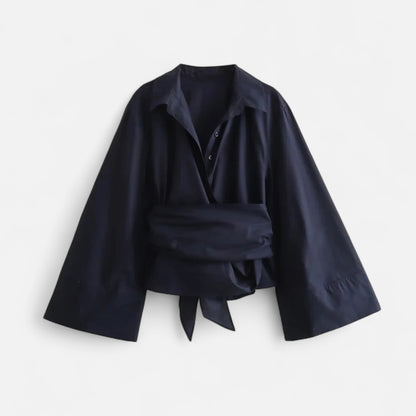 Masimon | Women’s Long‑Sleeve Kimono‑Style Blouse – Soft Breathable Fabric with Bow‑Tie Collar & Front Buttons