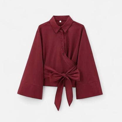 Masimon | Women’s Long‑Sleeve Kimono‑Style Blouse – Soft Breathable Fabric with Bow‑Tie Collar & Front Buttons