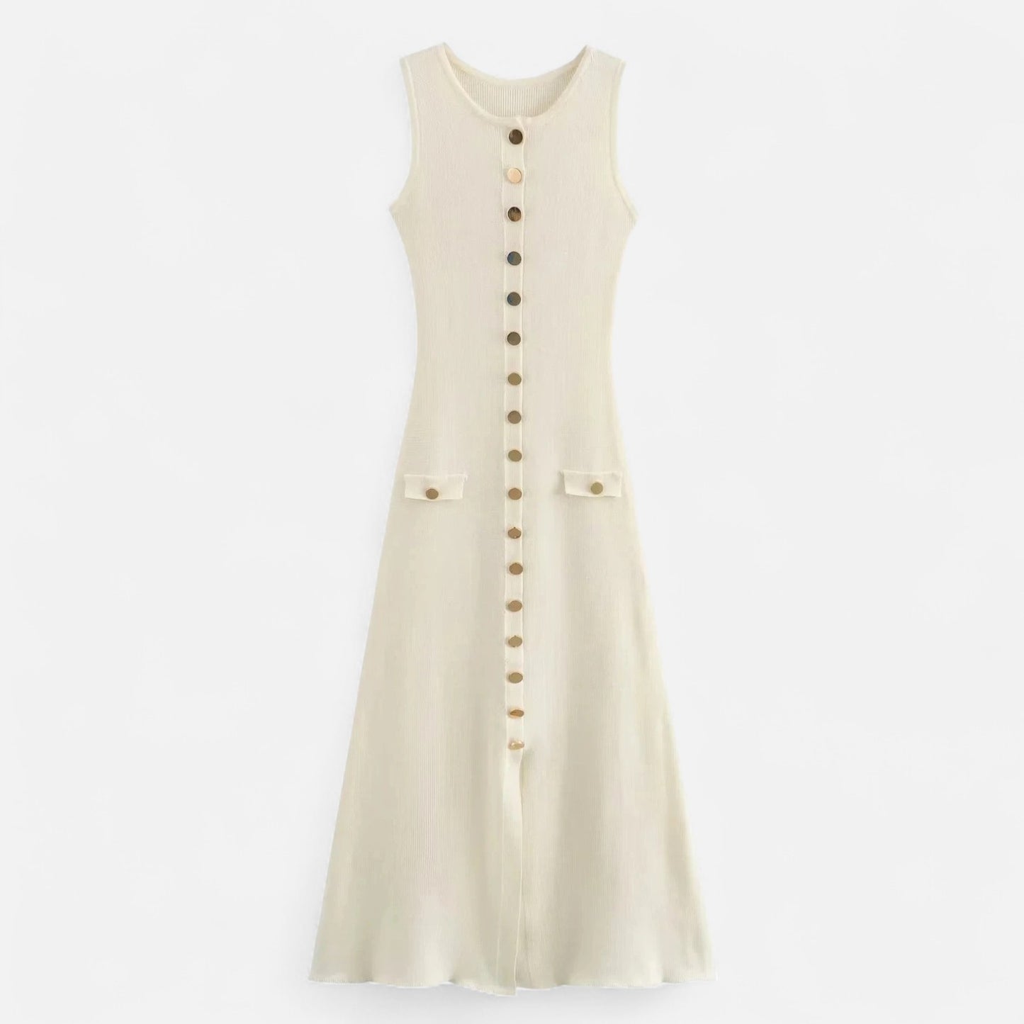 Masimon | Women’s Long Knitted Maxi Dress with Round Neck – Sleeveless Fine Knit with Faux Pockets