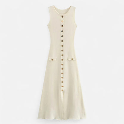 Masimon | Women’s Long Knitted Maxi Dress with Round Neck – Sleeveless Fine Knit with Faux Pockets