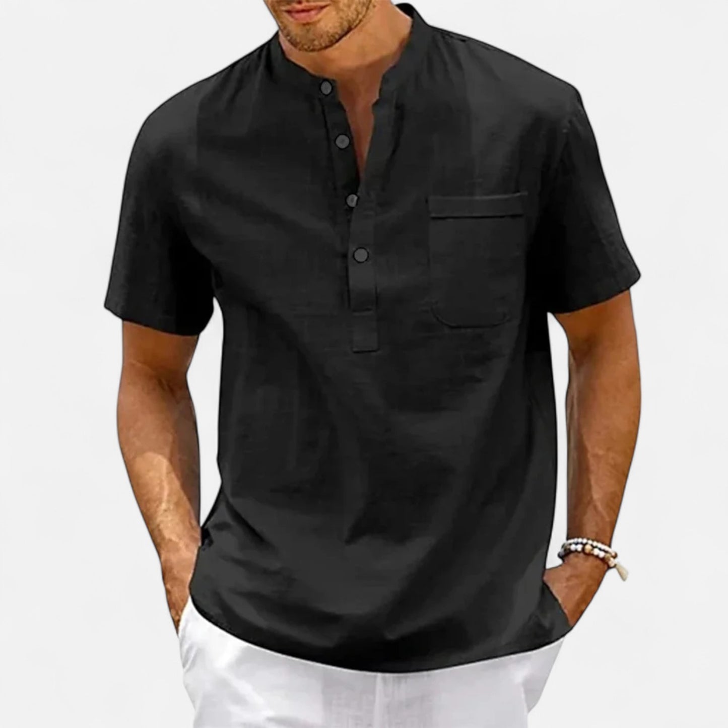 Masimon | Men’s Cotton‑Linen Henley Short‑Sleeve Shirt – Breathable Beachwear with Chest Pocket