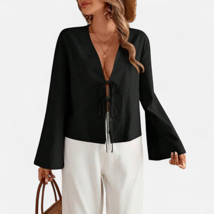 Masimon | Women’s Long‑Sleeve Bow‑Tie V‑Neck Blouse – Lightweight Breathable Fabric, Effortless Elegance