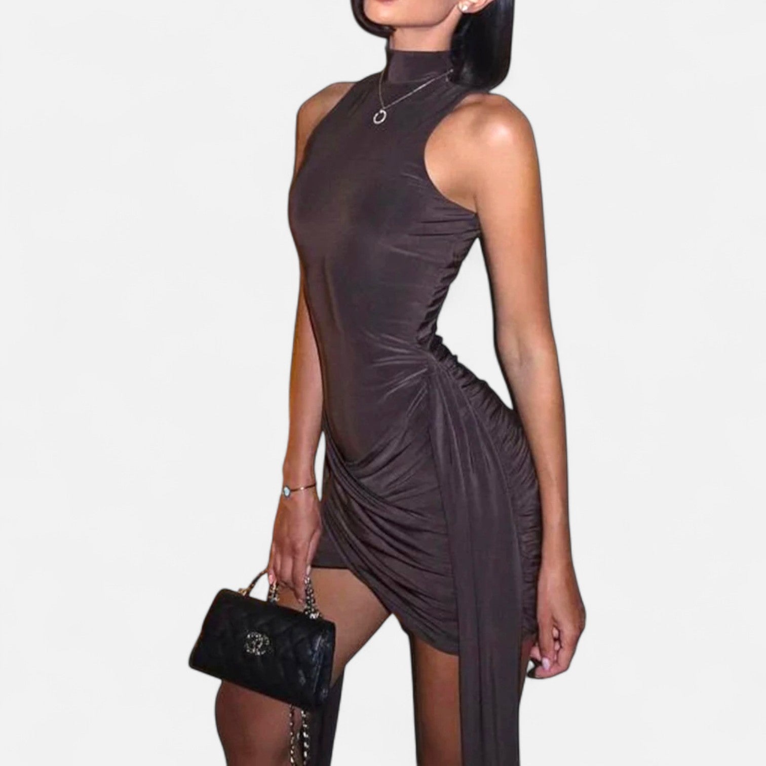 Masimon | Women's Mini-Sleeve Dress with High Neck – Elegant Ruched Design