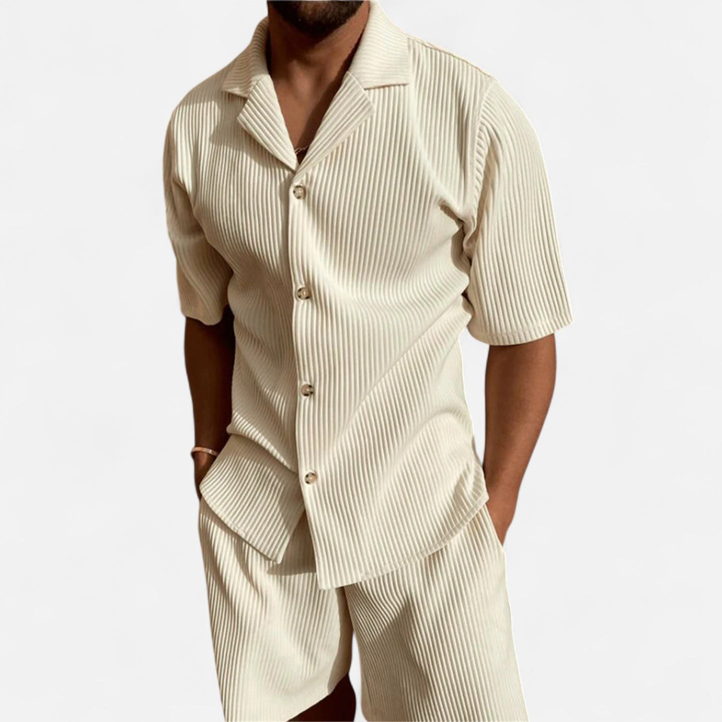 Masimon | Men’s Solid Corduroy Short‑Sleeve Shirt & Shorts Set – Stretch Casual Outfit