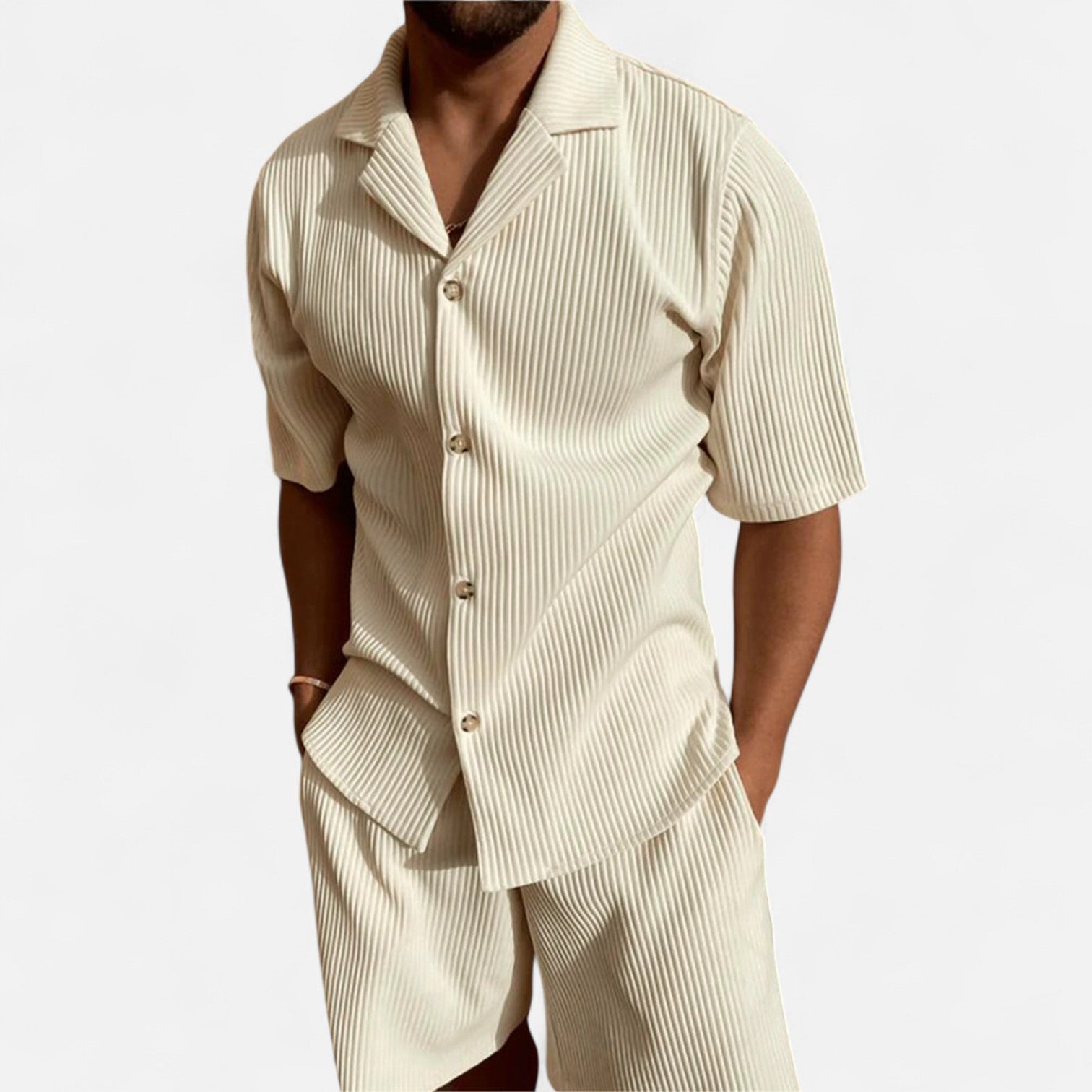 Masimon | Men’s Solid Corduroy Short‑Sleeve Shirt & Shorts Set – Stretch Casual Outfit