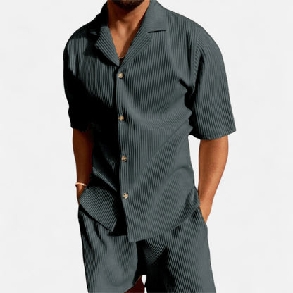 Masimon | Men’s Solid Corduroy Short‑Sleeve Shirt & Shorts Set – Stretch Casual Outfit
